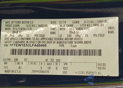 2020 Ford F-150 King Ranch z USA, uszkodzony, nr VIN 1FTEW1E53LFA60466